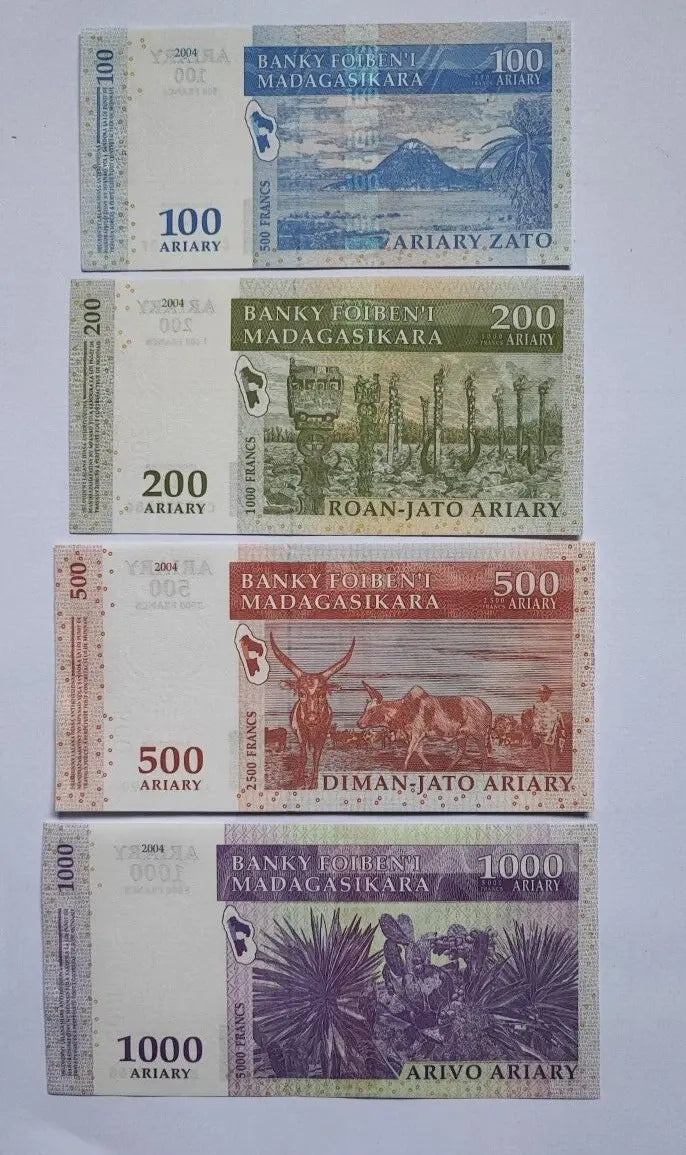 back of Set 4 PCS, Madagascar 100 200 500 1000 Ariary, 2004, P86-89, UNC