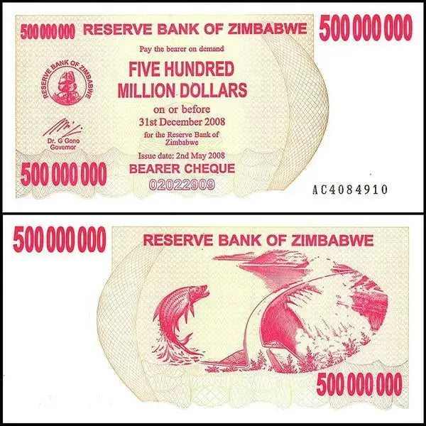 Zimbabwe 500 million dollar banknote, Reserve Bank, fish and waterfall design, collectible currency