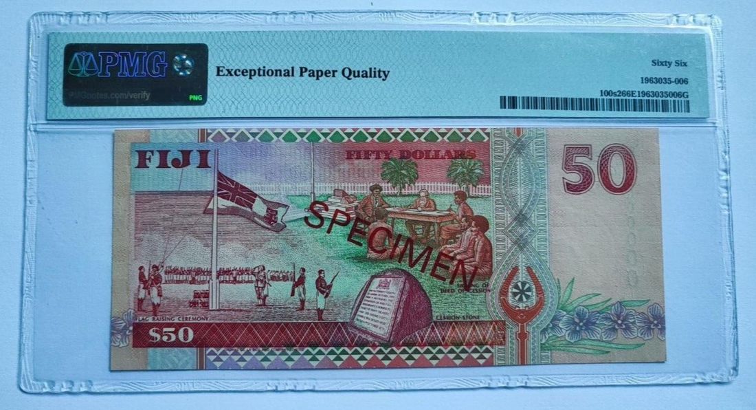 Fiji 50 Dollars Specimen 1996 Pk 100s2 PMG 66 EPQ Gem Unc - worldbanknote