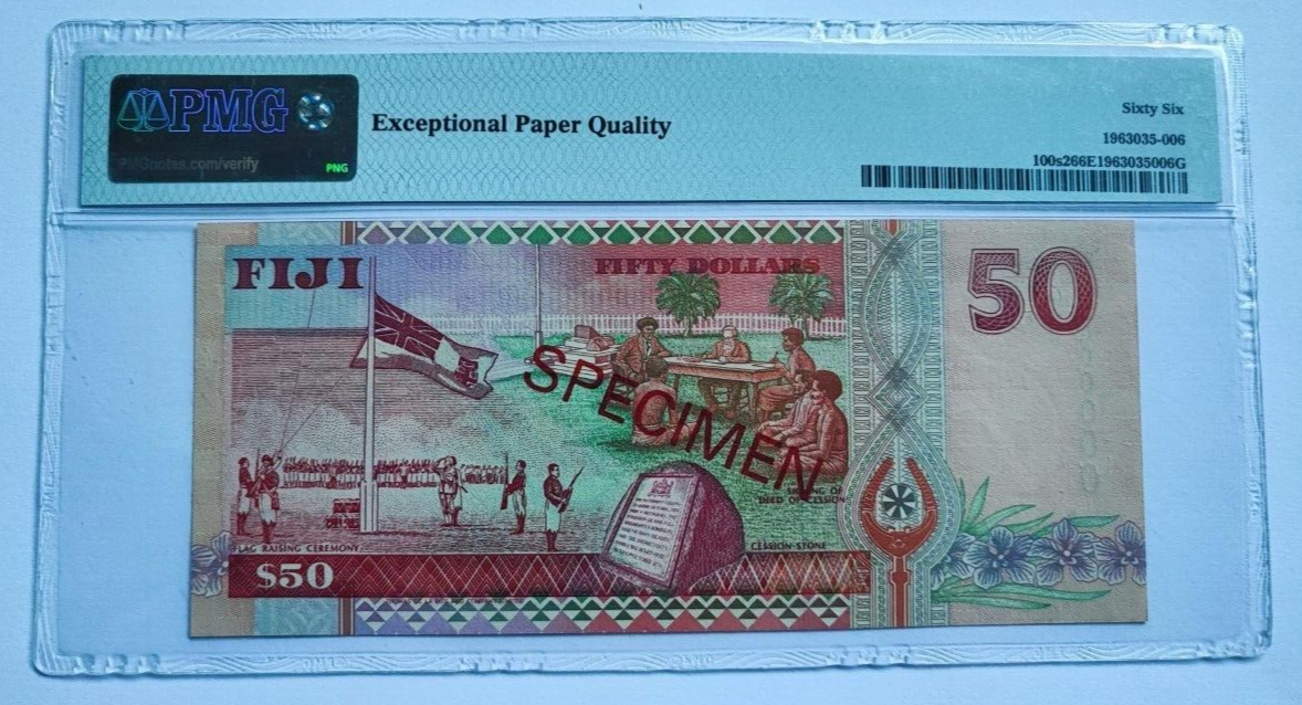 Fiji 50 Dollars Specimen 1996 Pk 100s2 PMG 66 EPQ Gem Unc - worldbanknote