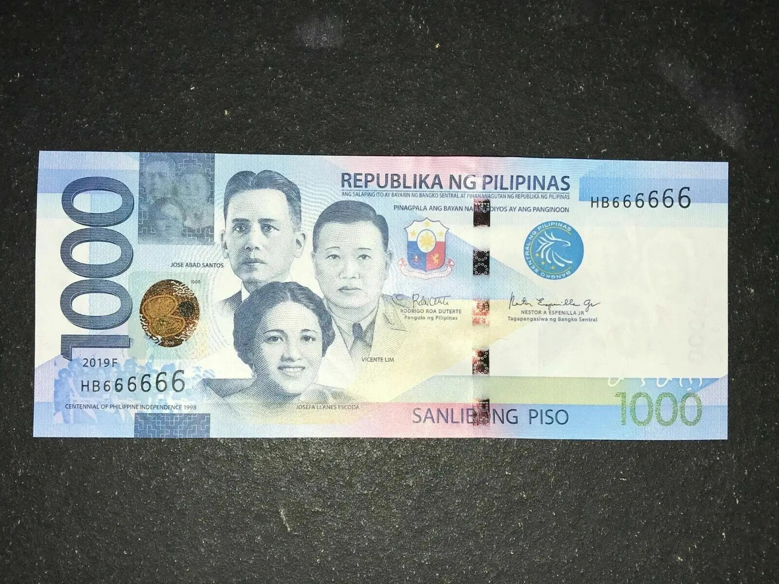 FRONT OF Philippines NGC Series 2019F 1000 Pesos Solid 6 Banknote (HB666666)