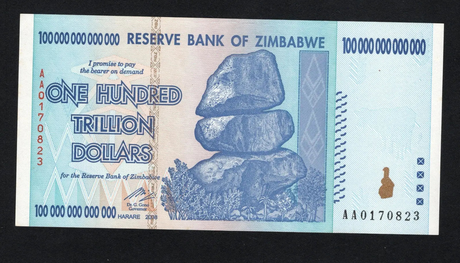 Zimbabwe 100 Trillion Dollar banknote. Genuine, AUNC AA Serial Number UV checked