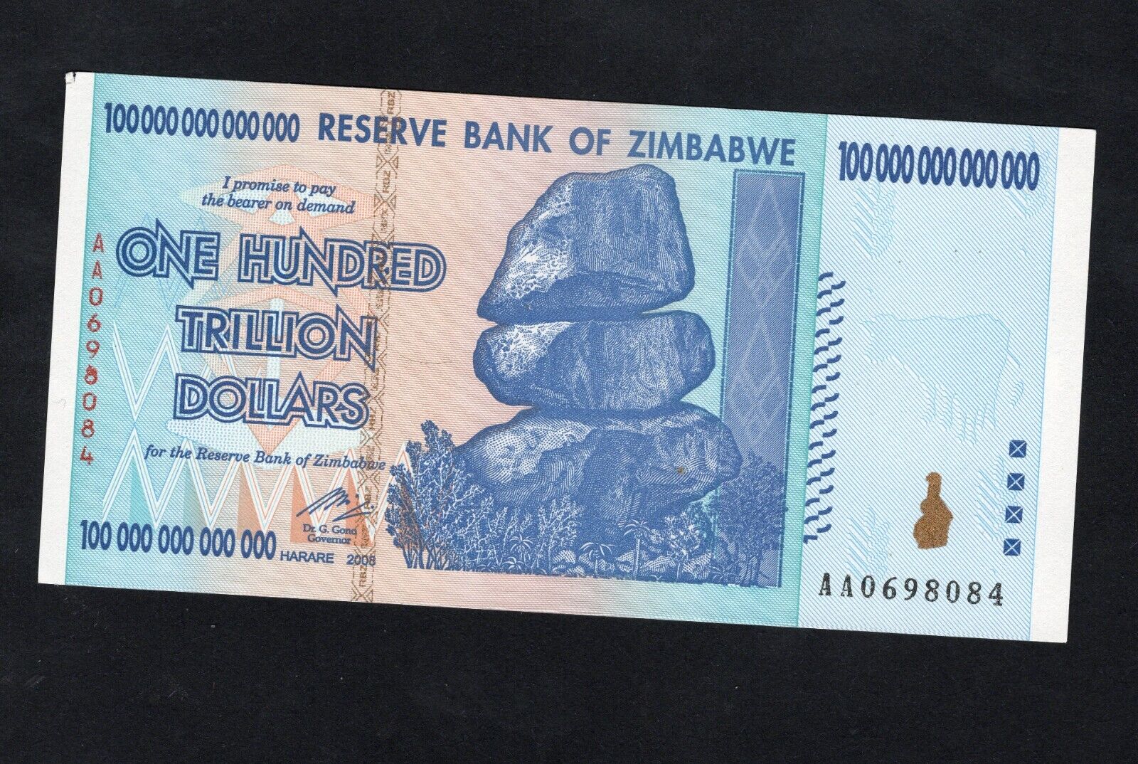 Zimbabwe 100 Trillion Dollar banknote. Genuine, AUNC AA Serial Number UV checked - worldbanknote