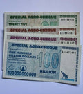 Zimbabwe 5 , 25 , 50 , 100 Billion Dollars Special Agro-Cheque 2008 Used 4 PCS - worldbanknote