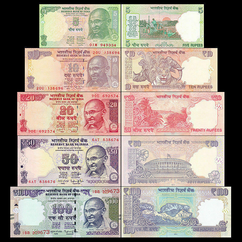 Set Of 5 PCS" Banknotes, India 5 + 10 + 20 + 50 + 100 Rupees, In UNC - worldbanknote