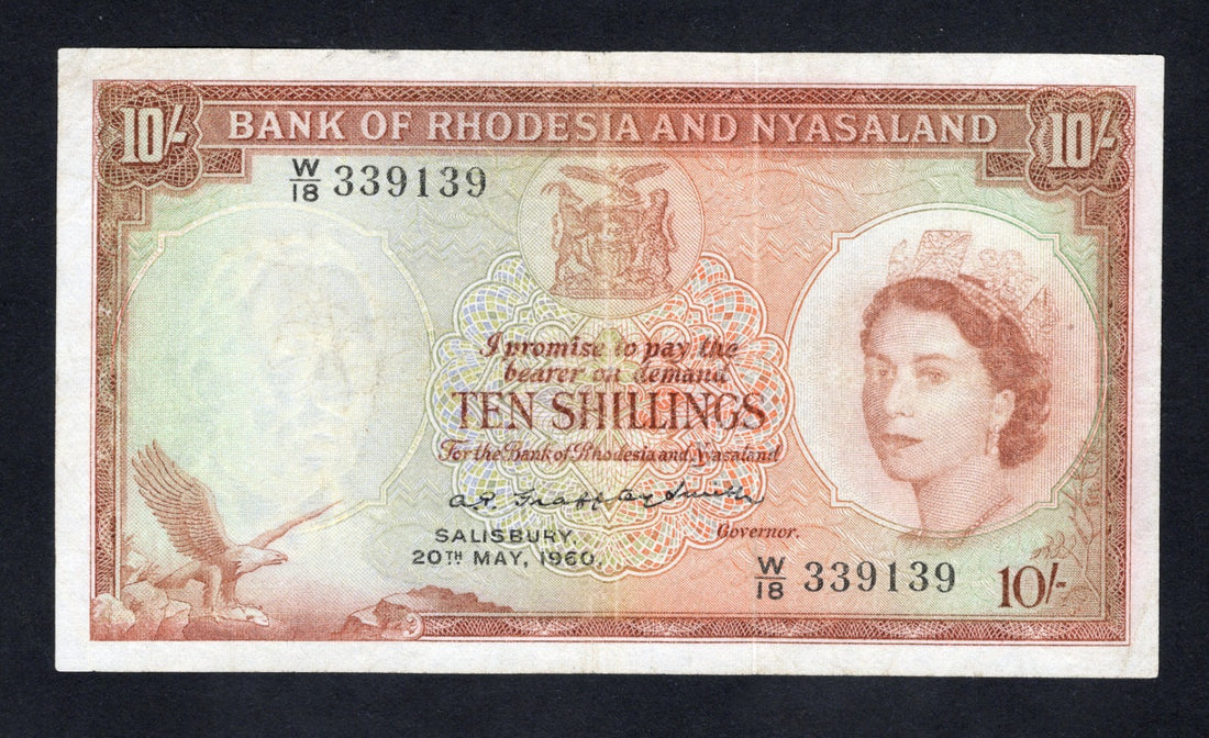 BANK OF RHODESIA AND NYASALAND RARE 10 SHILLINGS 1960 QUEEN ELIZABETH II/w1