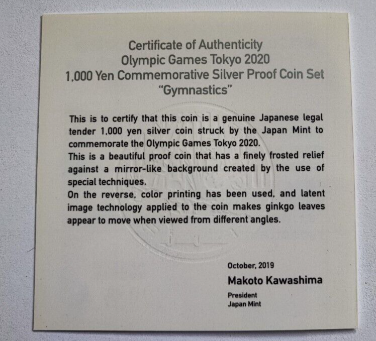 Japan 2020 Tokyo Olympic Gymnastics 1000 Yen Silver Proof coin - worldbanknote