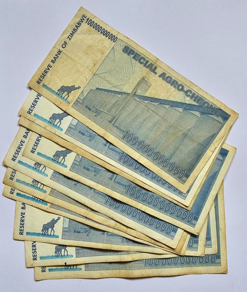 10 X 100 billion special agro cheque Zimbabwe dollar notes. used.
