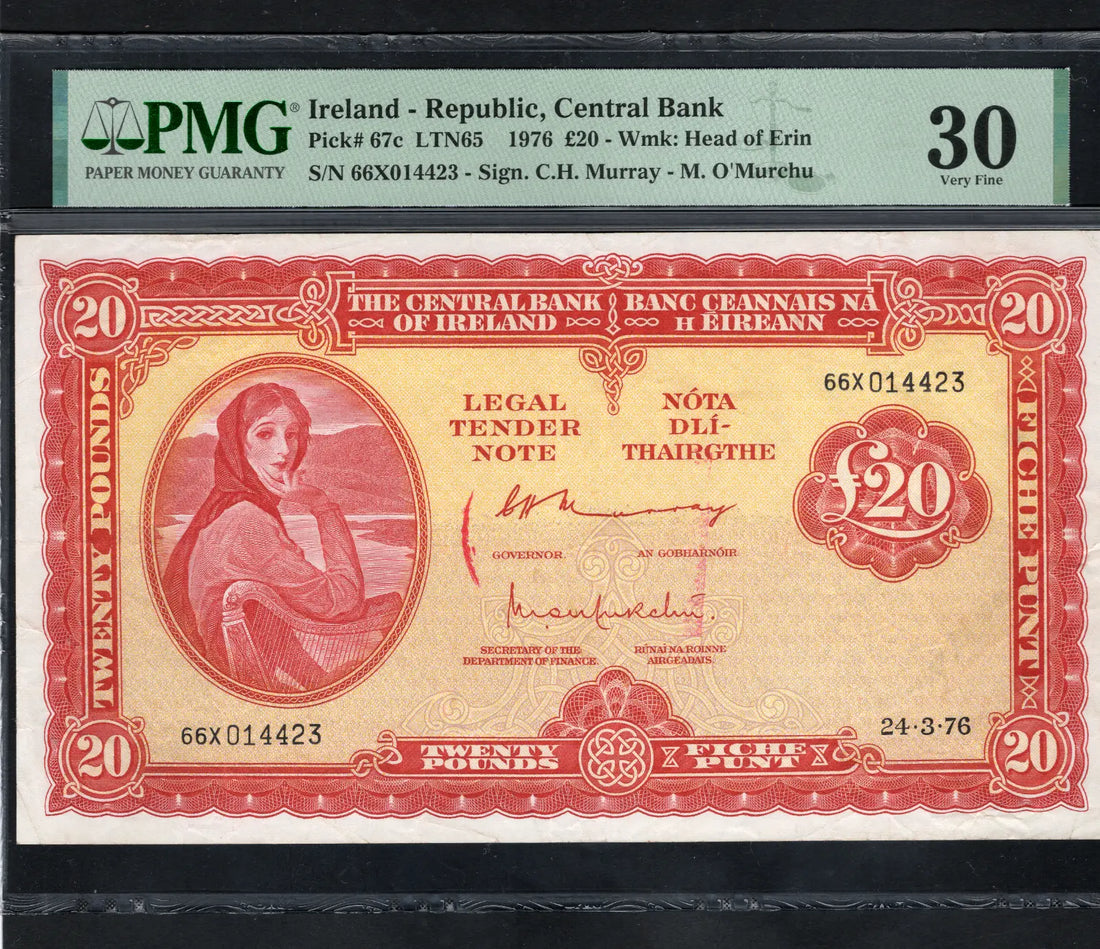 front of Central Bank of Ireland, 20 Pounds 1976  P67C PMG 30 Very Fine