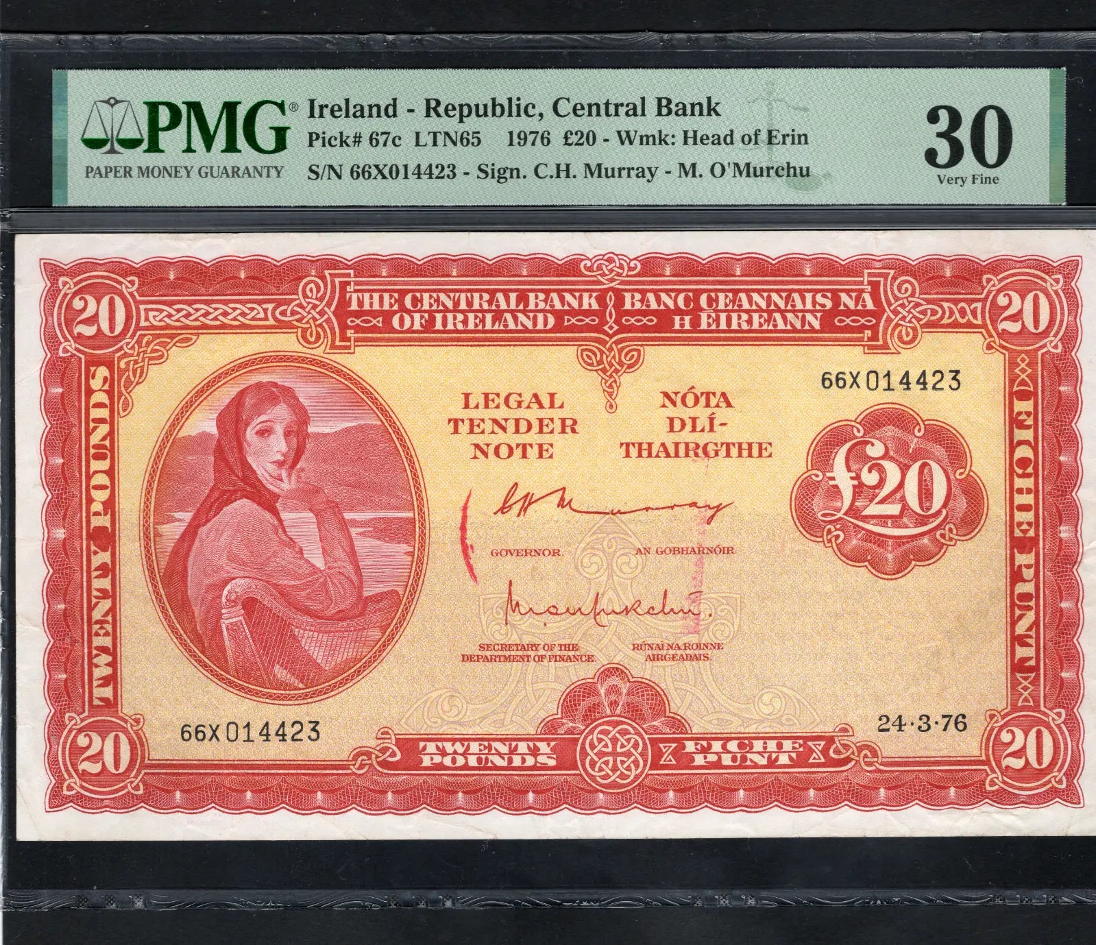 front of Central Bank of Ireland, 20 Pounds 1976  P67C PMG 30 Very Fine