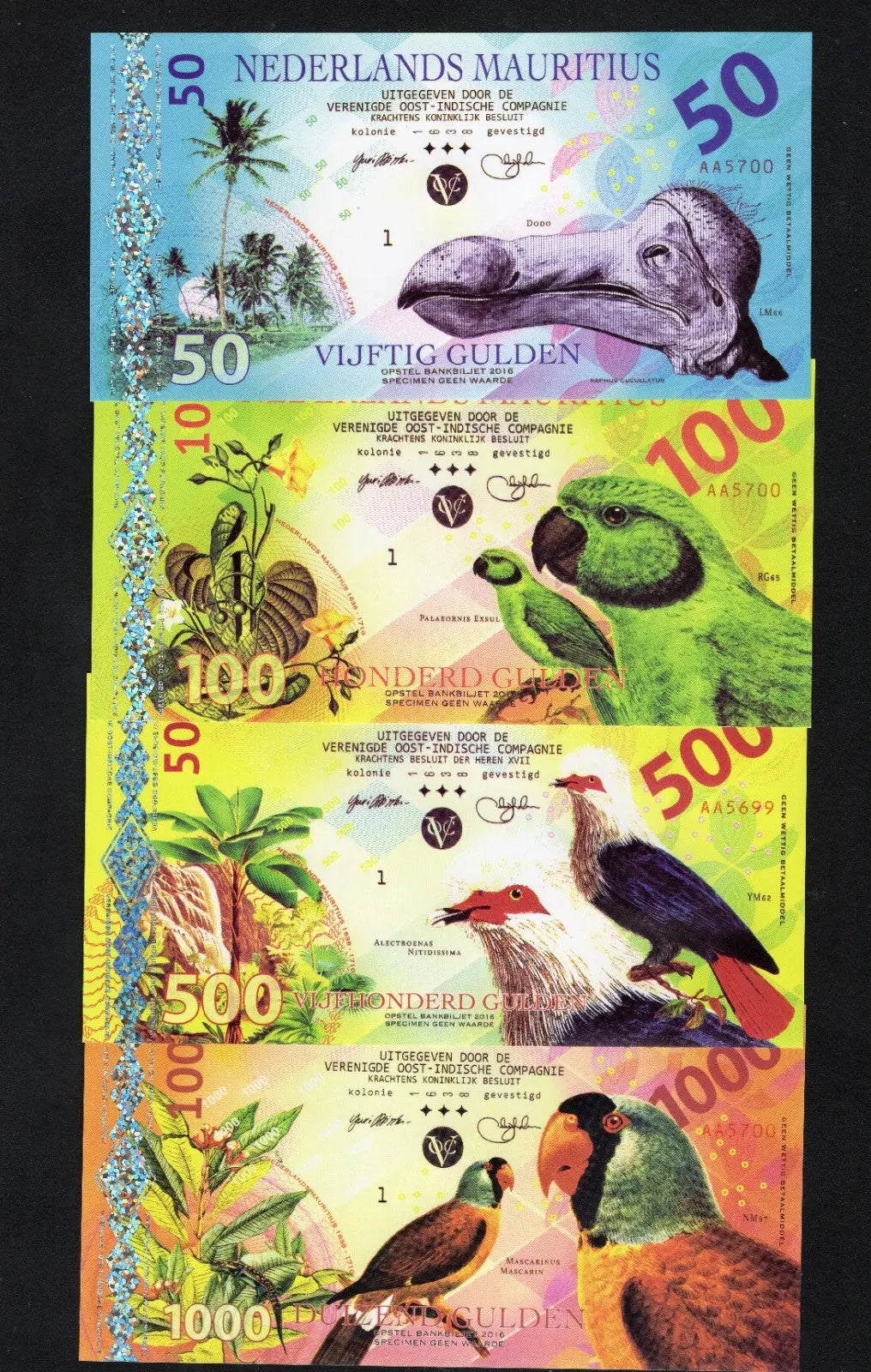 Netherlands Mauritius 50,100,500,1000 Gulden POLYMER Fantasy Banknotes  /w2