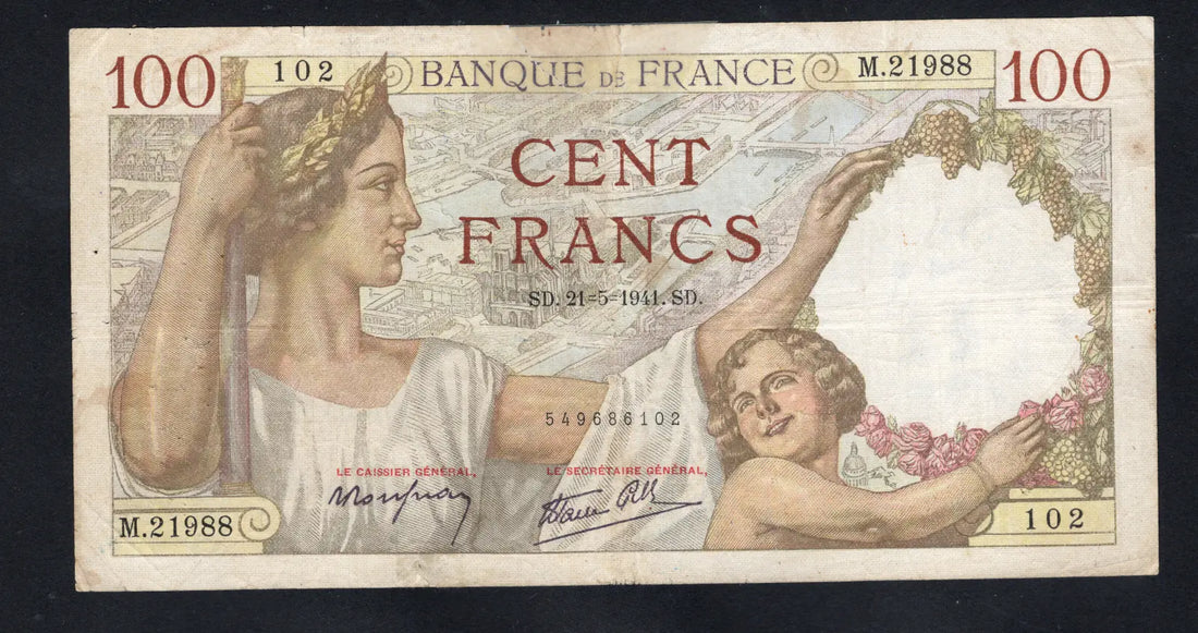 front of FRANCE 100 Francs Banknote (1941) Very Fine /d15