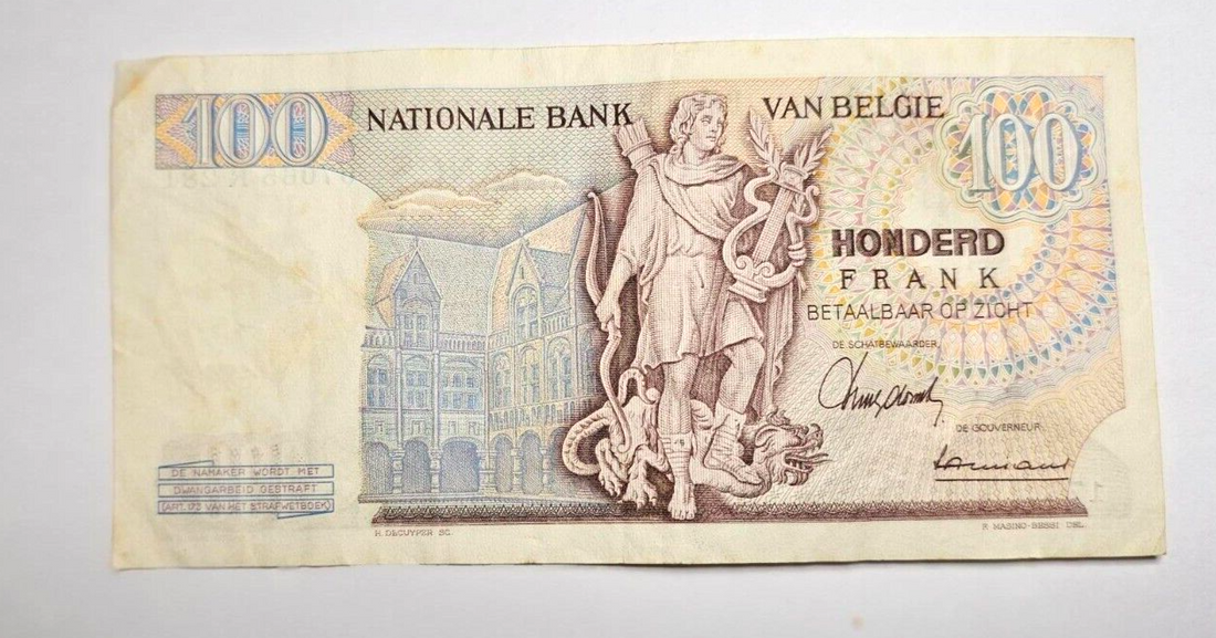 1967 Belgium 100 Francs Banknote Fine/ ref d2 - worldbanknote