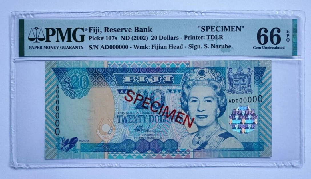 Fiji, 20 Dollars, 2002, UNC, p107s, SPECIMEN PMG 66 - worldbanknote