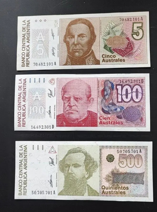 ARGENTINA  1985-1990 5,100,500 Australes 3 BANKNOTE set UNC
