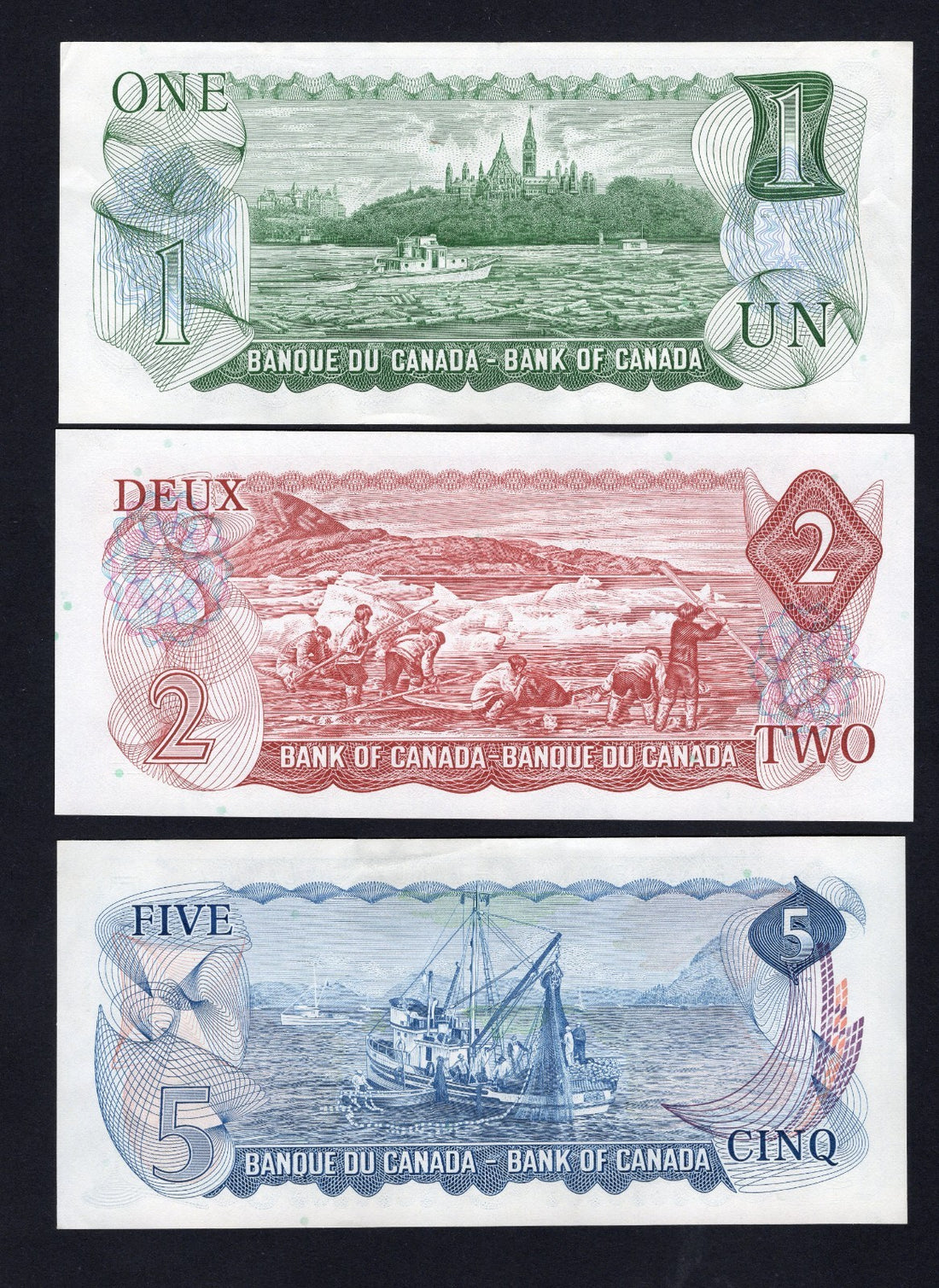 3 different Canada 5 Dollars 1972, 1 Dollar 1973 &  2 dollar1974 AUNC/D11