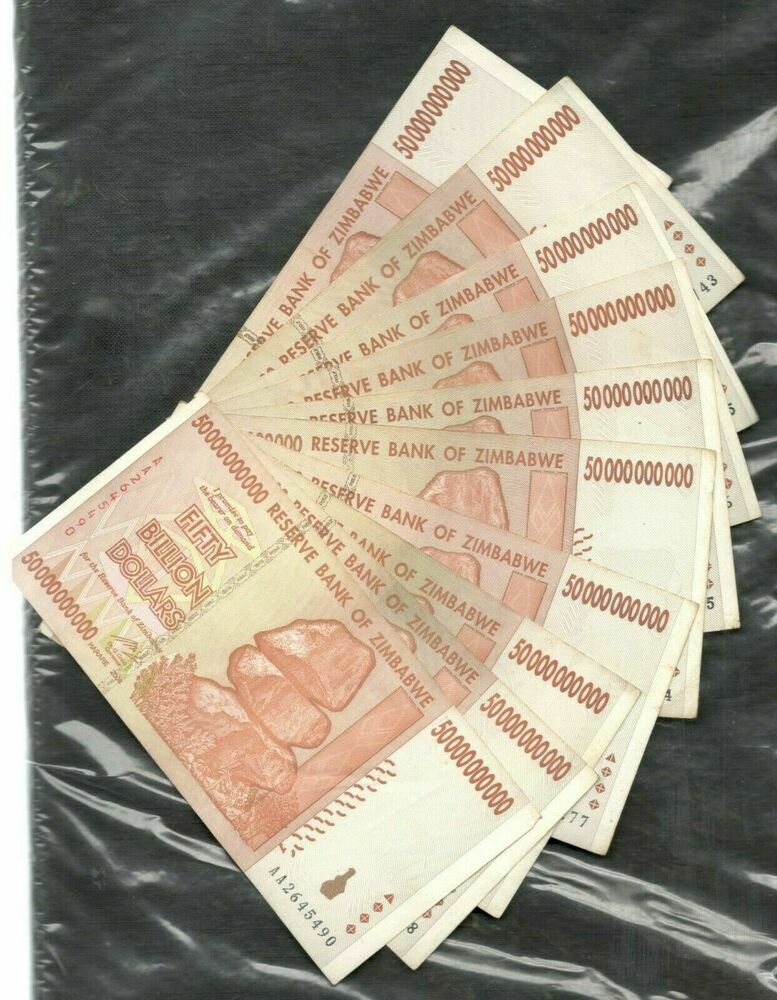 Zimbabwe 10xfifty billion dollars banknotes used - worldbanknote