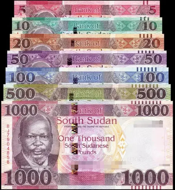 front of SOUTH SUDAN 1 5 10 20 50 100 500 1000POUND 2019/2024 P-NEW UNC LOT SET