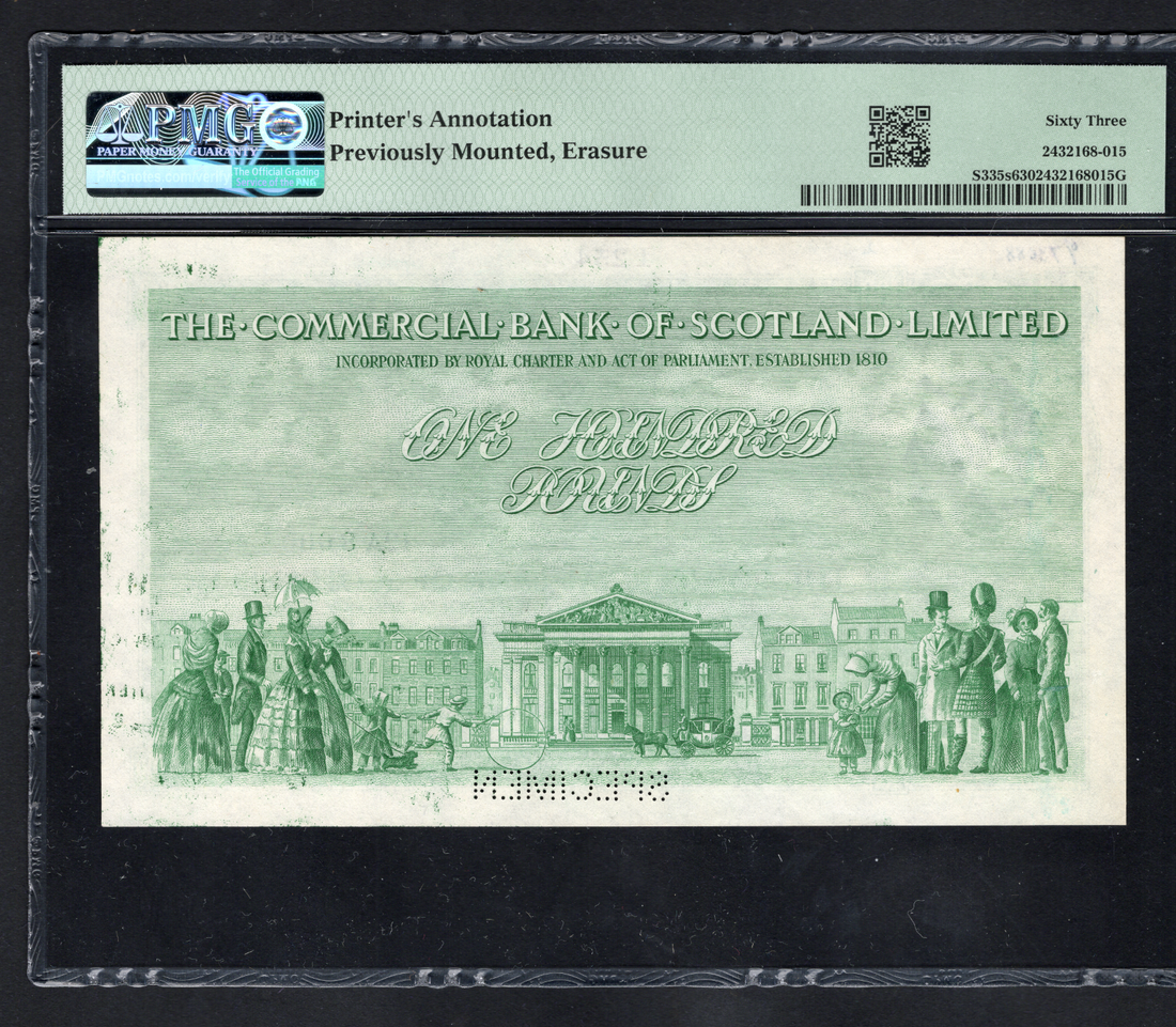 The commercial bank of scotland £100 specimen P-S335S choice uncirculated PMG 63