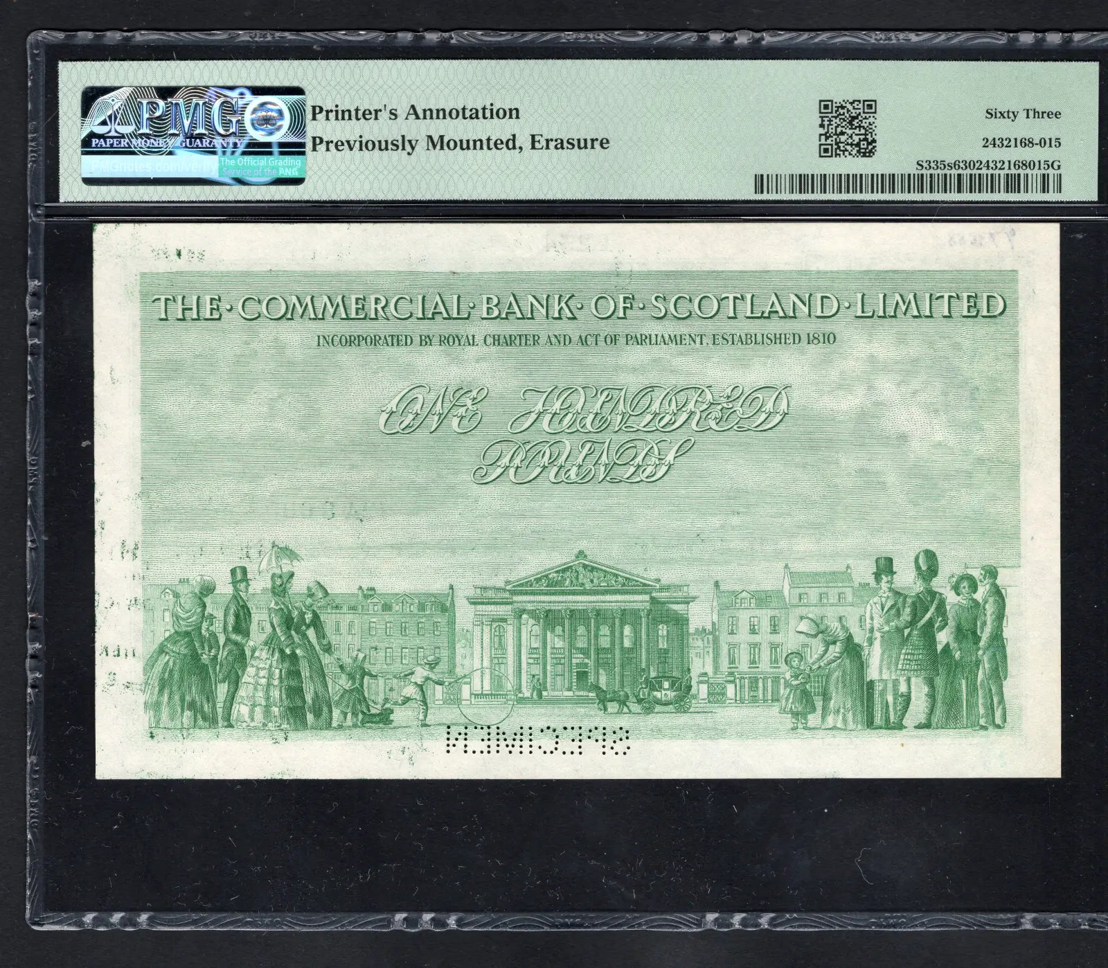 back of The commercial bank of scotland £100 specimen P-S335S choice uncirculated PMG 63