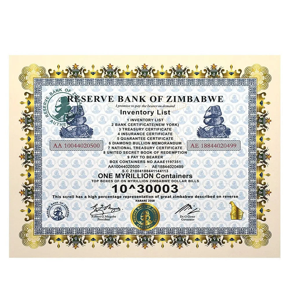1 PC Great Myrillion Containers zimbabwe Banknote certificate 30003 Zeros Gift