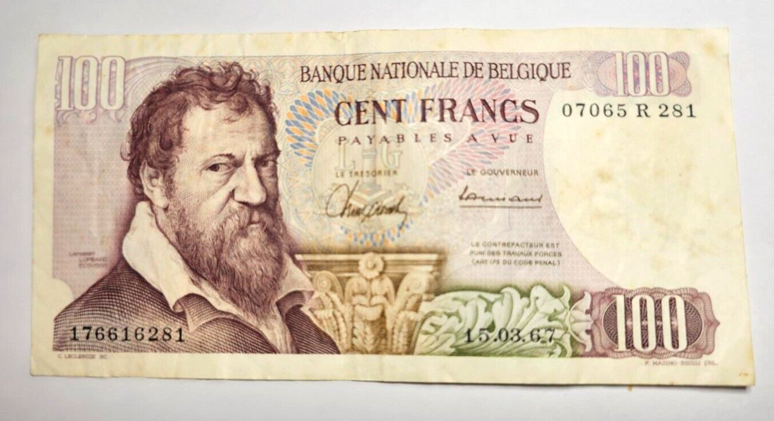 1967 Belgium 100 Francs Banknote Fine/ ref d2 - worldbanknote