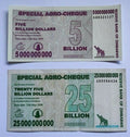 Zimbabwe 5 , 25 , 50 , 100 Billion Dollars Special Agro-Cheque 2008 Used 4 PCS - worldbanknote