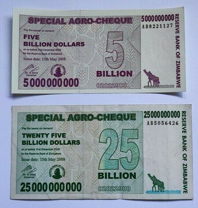 Zimbabwe 5 , 25 , 50 , 100 Billion Dollars Special Agro-Cheque 2008 Used 4 PCS - worldbanknote