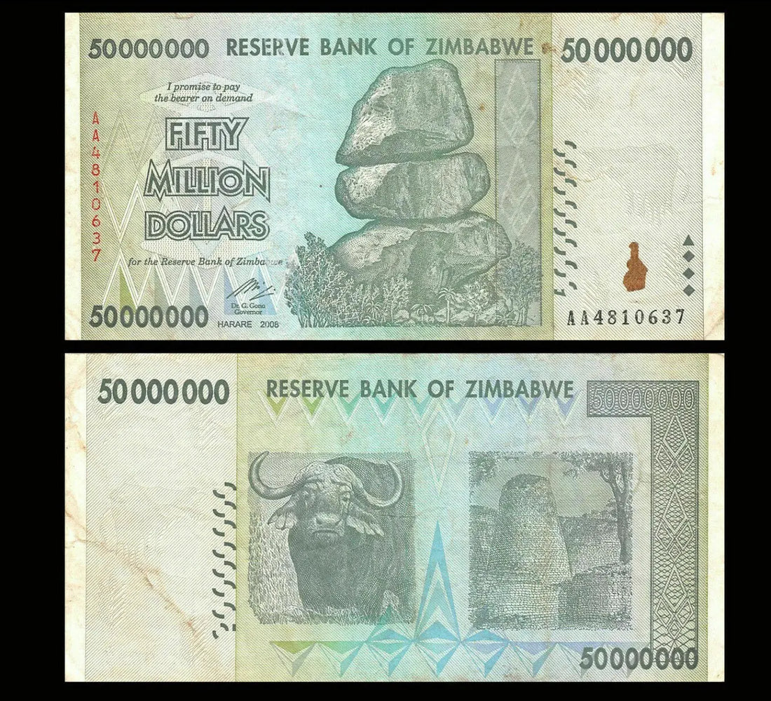 Zimbabwe 50 million dollar banknote, rocks, African buffalo, historical ruins