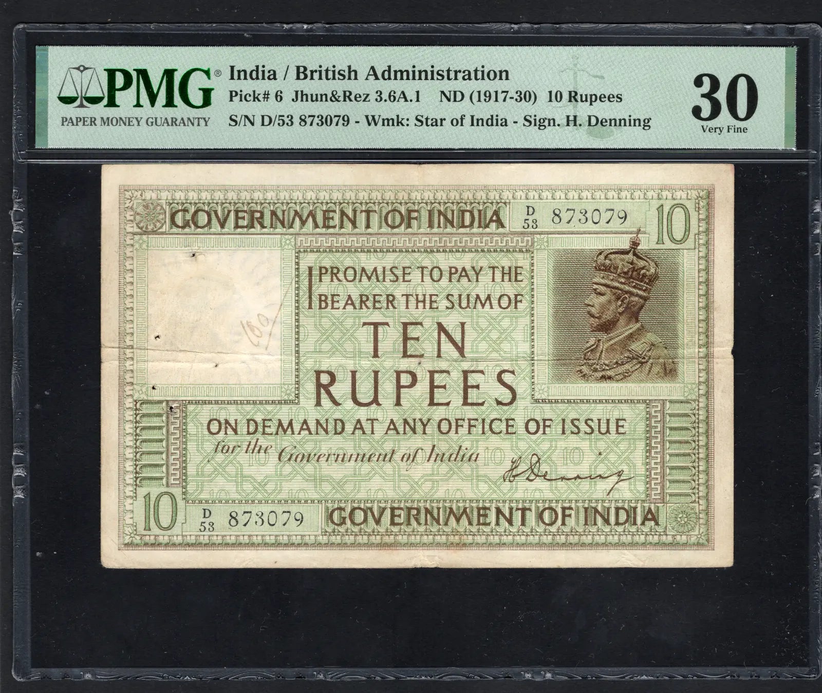 FRONT OF British India 10 Rupees (1917-30) Sign Denning Pick-6 Very Fine PMG 30