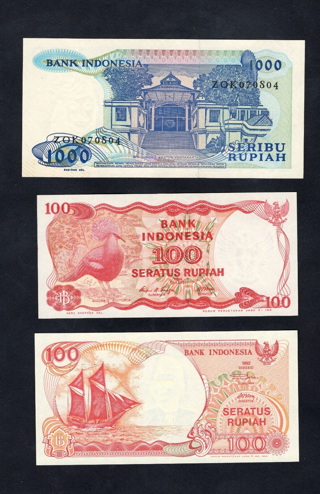Indonesia 100 + 100 + 1000 Rupiah 1984/1992 Set of 3 Banknotes UNC/d11 - worldbanknote