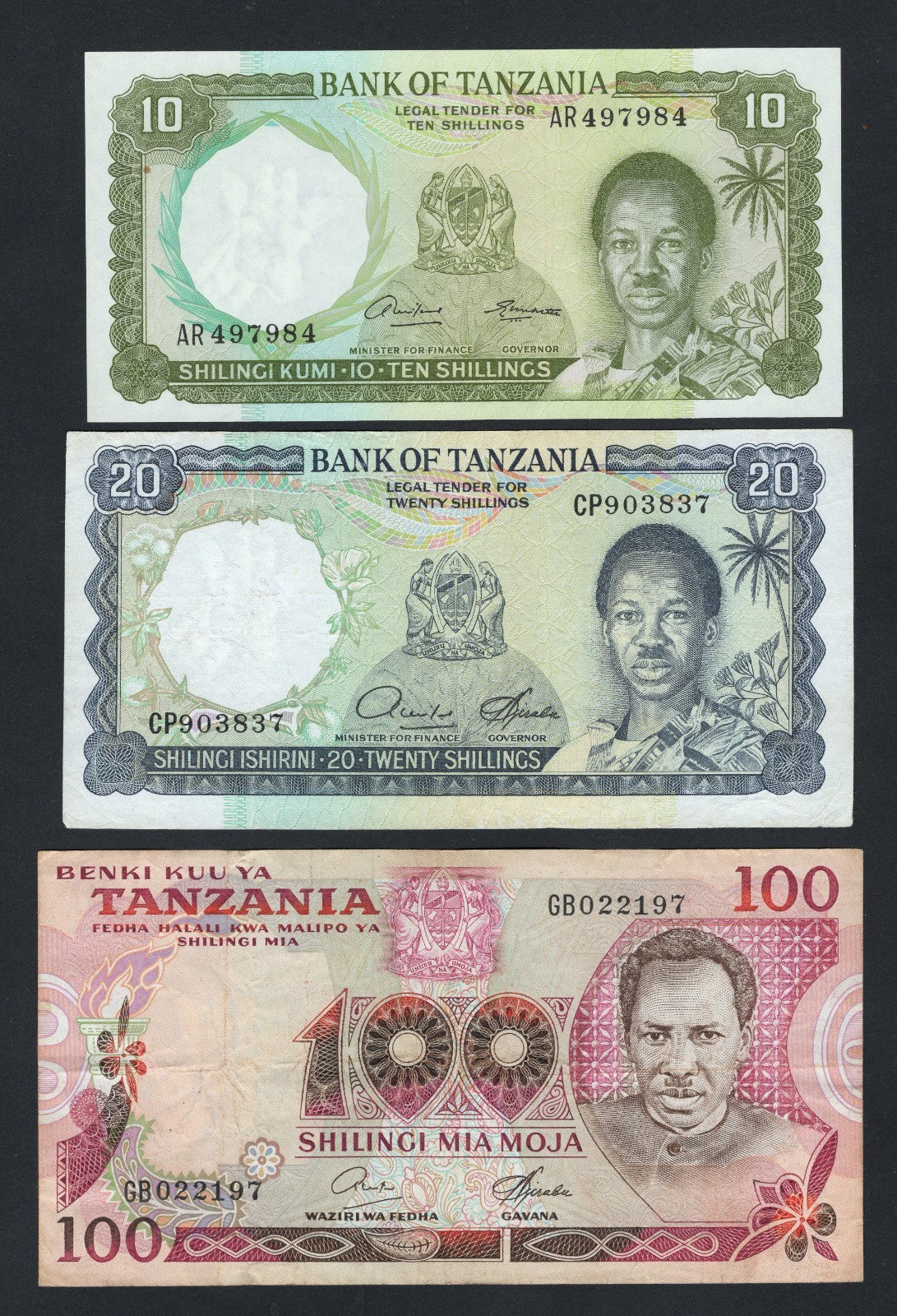 Tanzania 10,20 and 100 shillings VF ( 1960-`1979)/f10