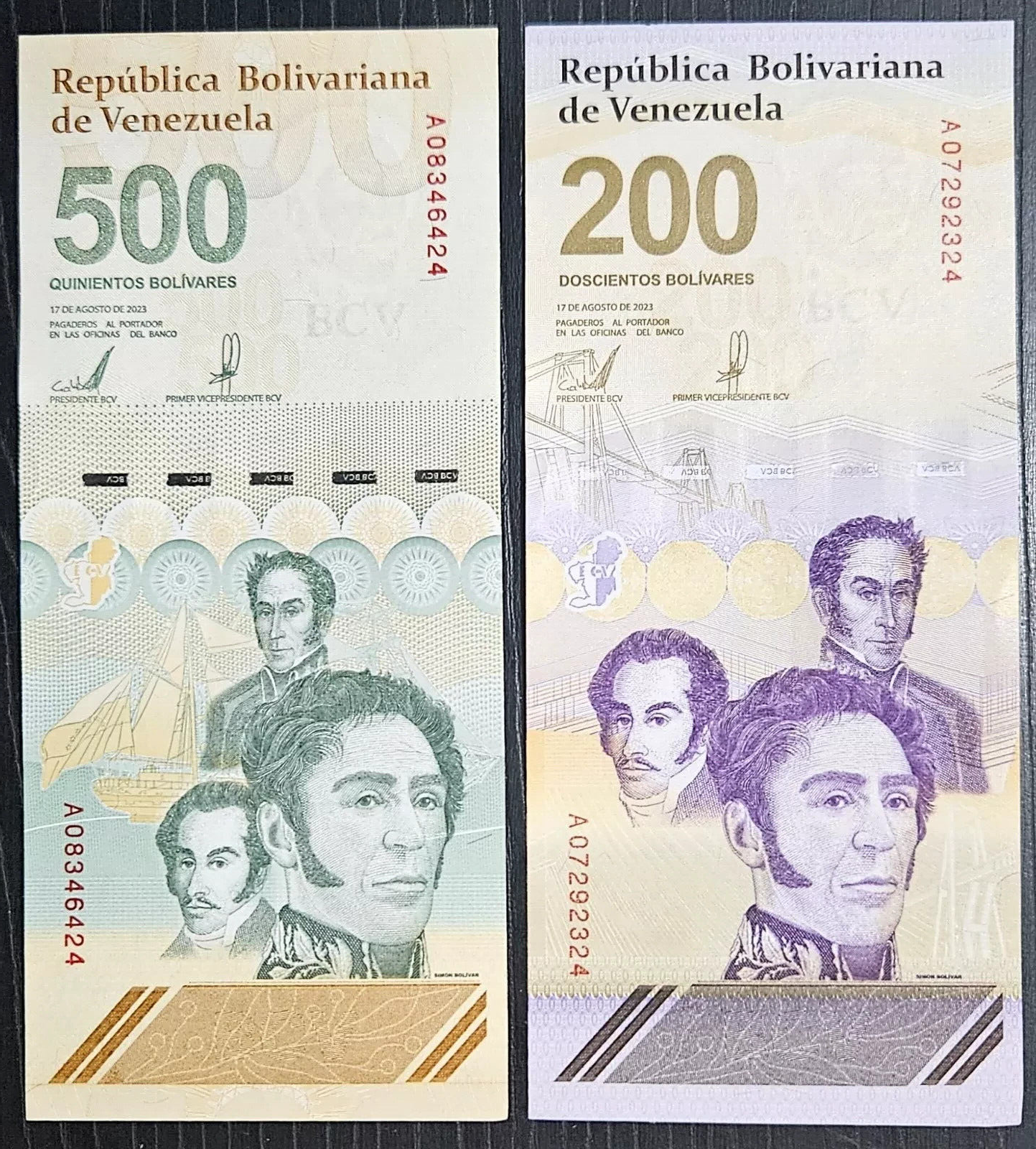 BANKNOTE SET OF 2 :200/500 BOLIVARES 2023 /2024 VENEZUELA UNC First RUN - worldbanknote