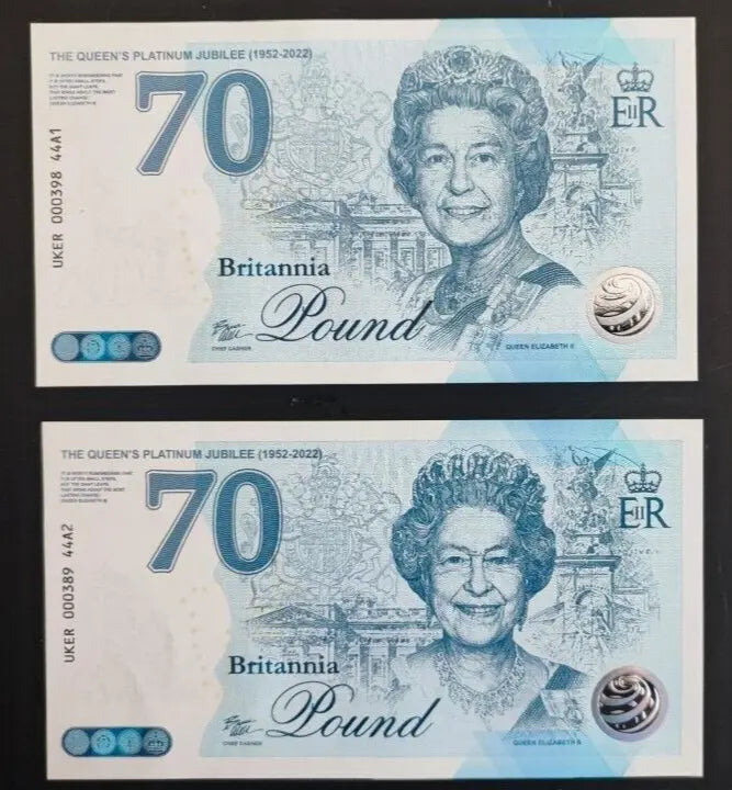2 NOTES SET THE QUEEN'S PLATINUM JUBILEE 2022 BRITANNI COMMEMORATIVE BANKNOTE