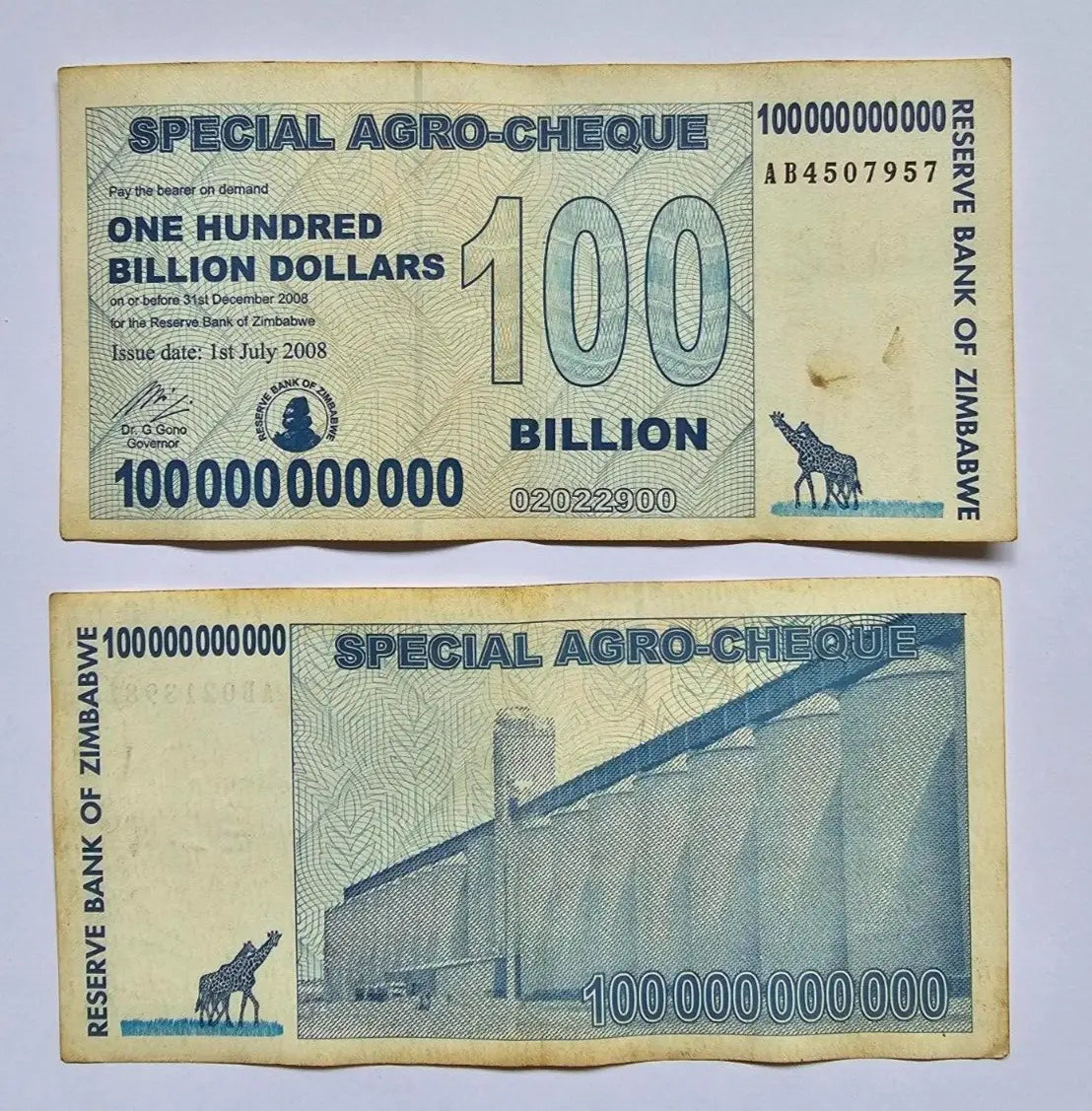 40 X 100 billion special agro cheque Zimbabwe dollar notes. used.
