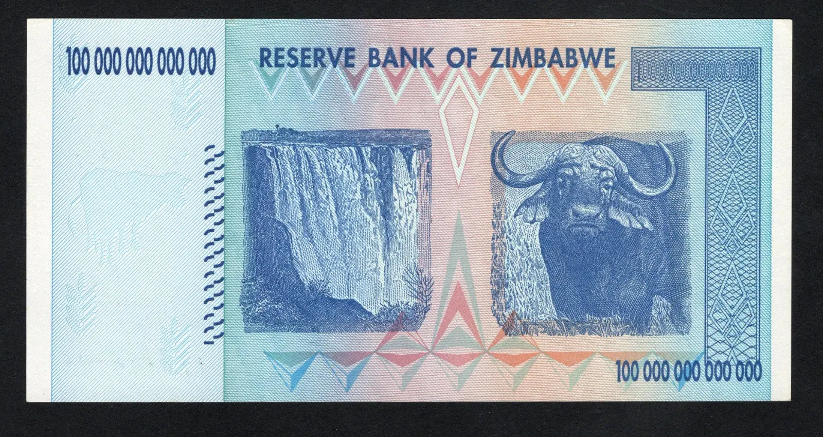back of Zimbabwe 100 Trillion Dollar banknote. Genuine, AUNC AA Serial Number UV checked