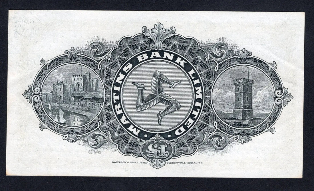 Front and back view of a 1957 Martins Bank Limited Isle of Man One Pound banknote, Pick 19b, featuring Peel Castle and the Three Legs of Man