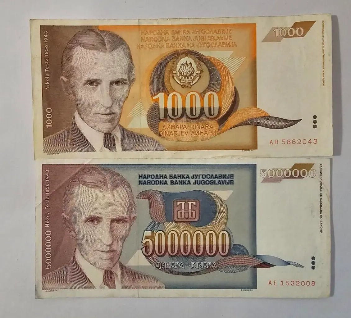 Yugoslavia 1993 Nikola Tesla 1000 & 5 Million Dinara Banknote /ref d2