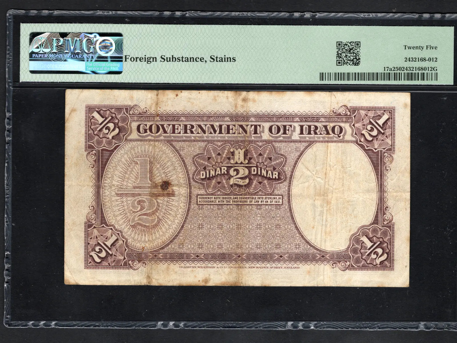BACK OF IRAQ KINGDOM Half 1/2 DINAR PICK P17A 1931 BABY KING FAISAL PMG 25
