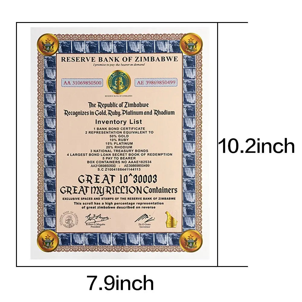 1 PC Great Myrillion Containers zimbabwe Banknote certificate 30003 Zeros Gift