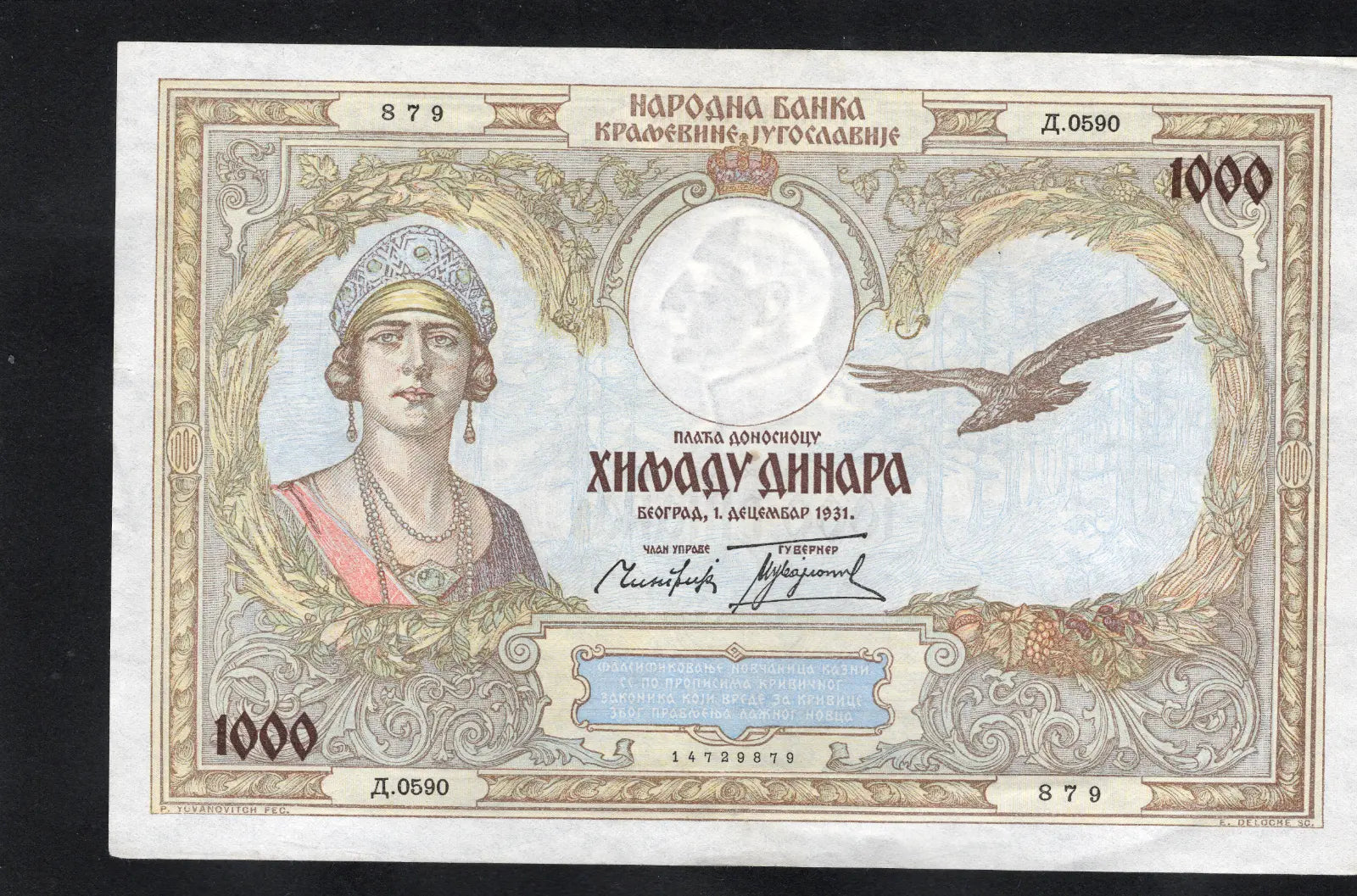 front of Yugoslavia 1000 Dinara 1931 Very Fine 