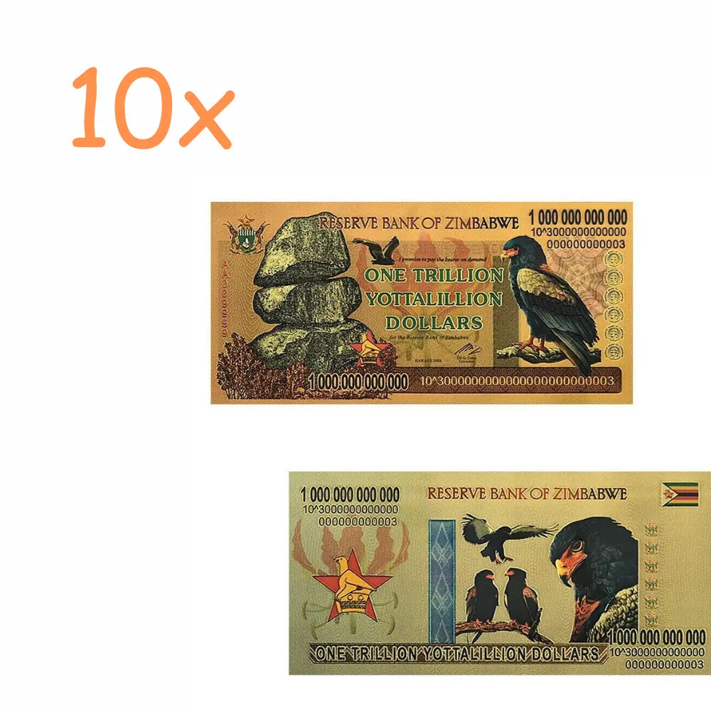 10xZimbabwe 1 Trillion Yottalillion Dollars Gold Foil Banknote Reserve Bank