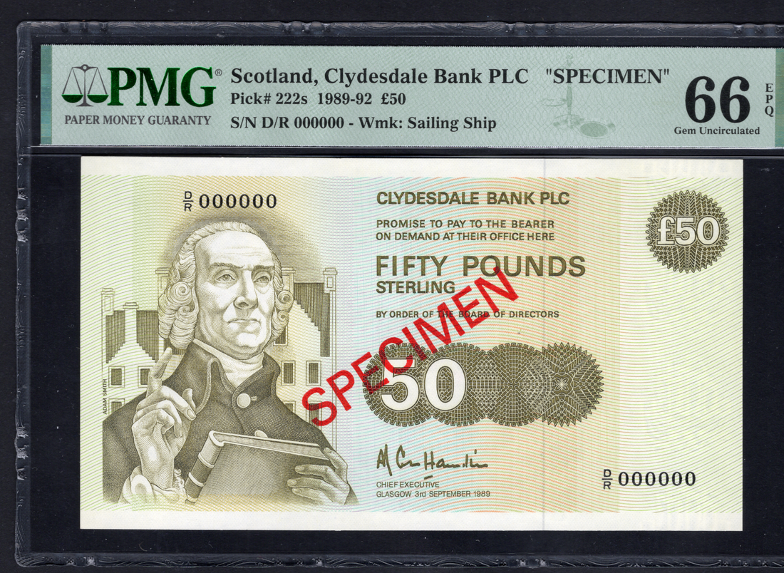 Scotland 1989  50 Pounds Specimen P222s Clydesdale Bank  PMG 66 EPQ