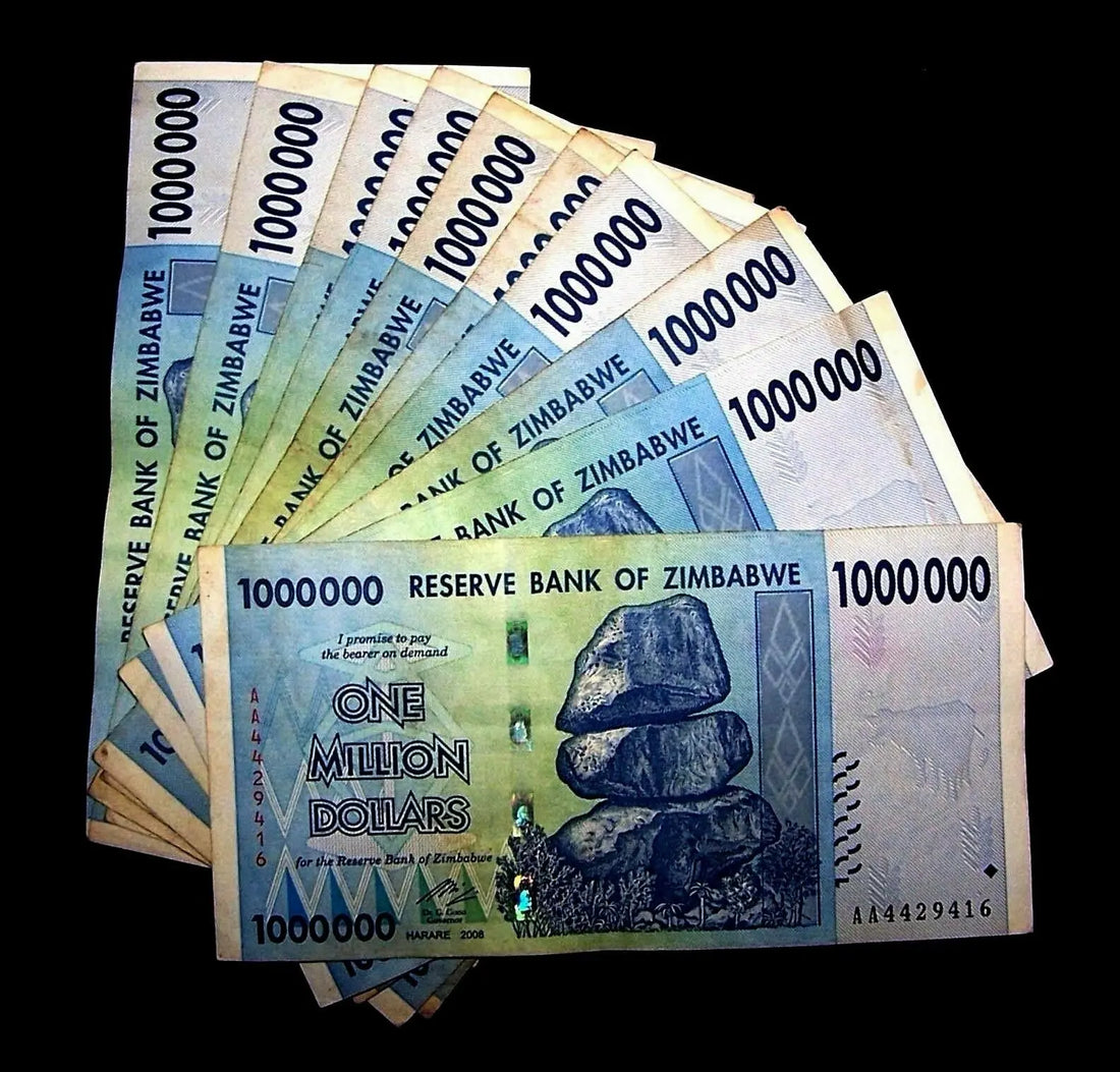 Stack of Zimbabwe one million dollar banknotes, world currency collectible.