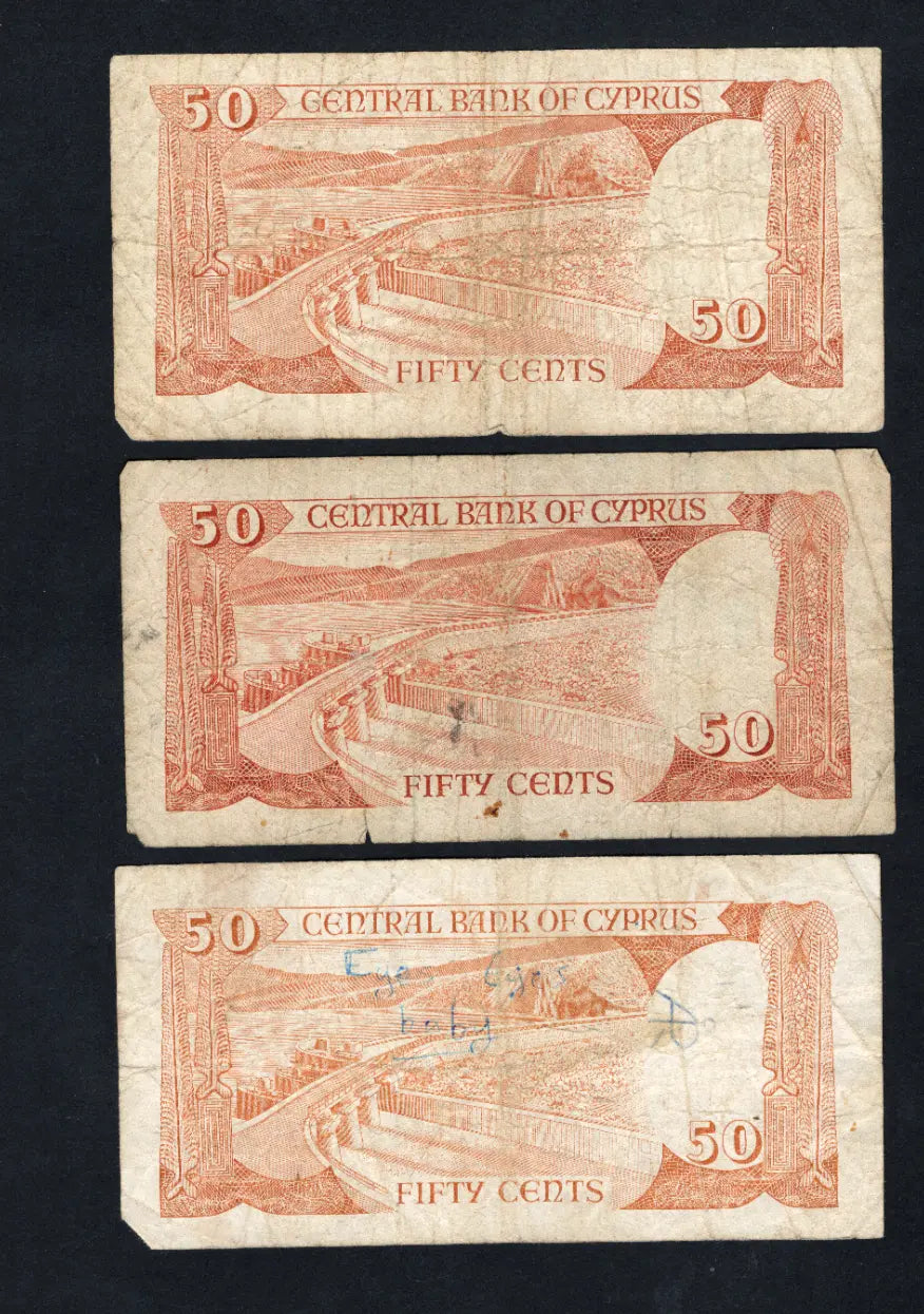 5xCYPRUS 50 cents Banknote used- 1983/1988 /ref s1