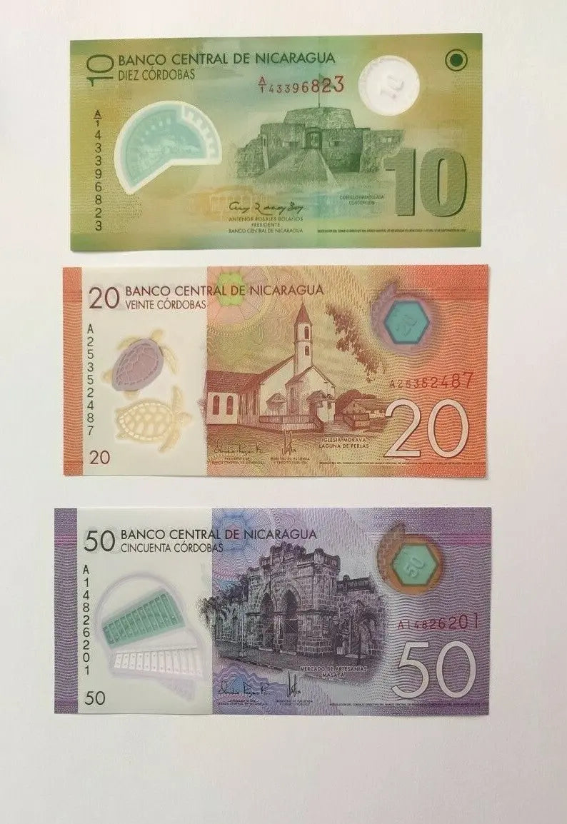 Nicaragua banknotes 10, 20, and 50 córdobas featuring historic landmarks and wildlife
