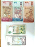 Sri Lanka banknotes 10, 20, 50, 100 rupees with cultural and floral designs