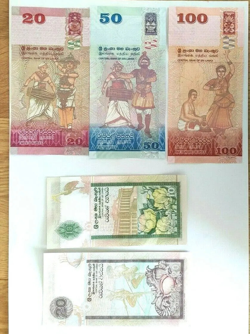 Sri Lanka banknotes 10, 20, 50, 100 rupees with cultural and floral designs