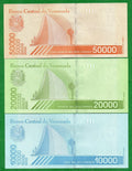 Venezuelan banknotes 50000, 20000, 10000 bolívares with modern monument design on green background