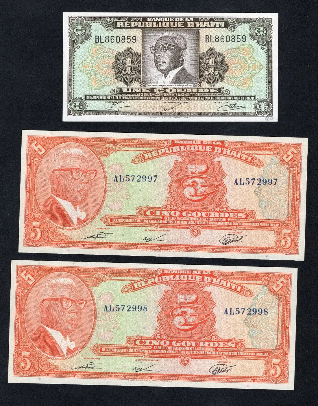 3 HAITI  banknotes 2x 5 Gourdes(1979/1982)  1 Gourde （1968）UNC /c1